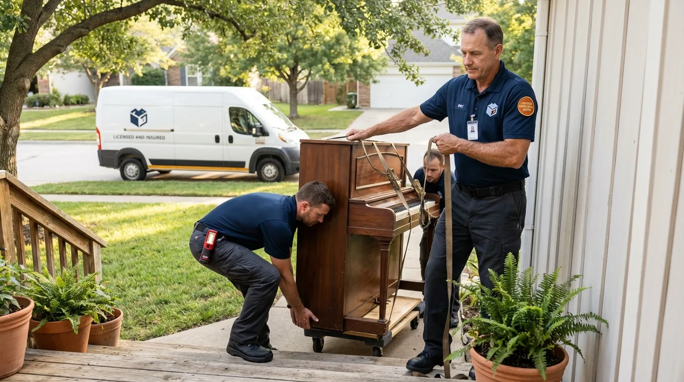 Licensed piano movers securing grand piano in Dunn Loring, VA