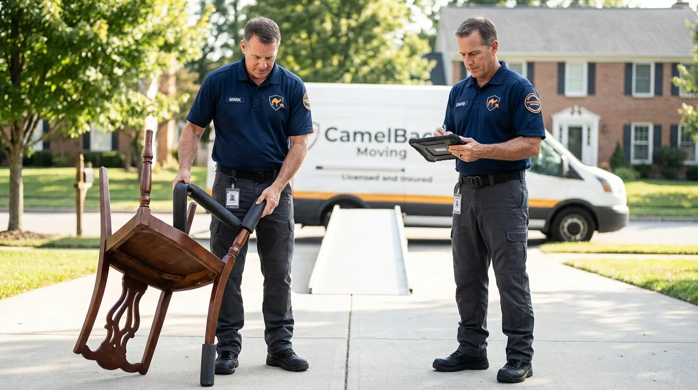 Movers inspecting furniture for damage prevention before loading in Dunn Loring, VA