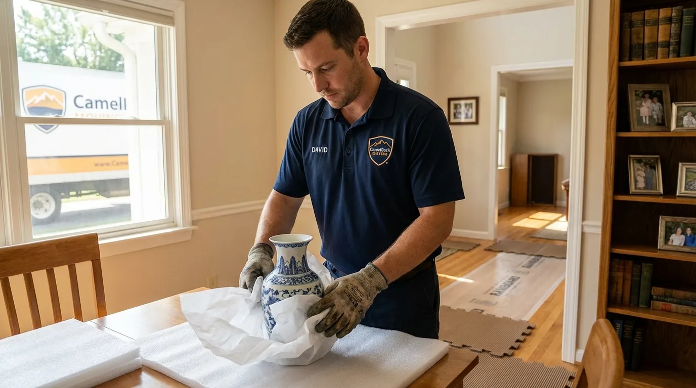Professional crew carefully wrapping antique vase for senior downsizing move in Dunn Loring, VA